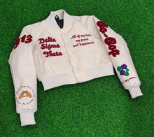 Load image into Gallery viewer, Cream Cropped More Than A Social Club Varsity Leather Jacket