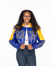 Load image into Gallery viewer, ΣΓΡ Poodle Poodle Blue & Gold Leather Jacket