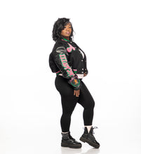 Load image into Gallery viewer, Cropped Phirst and Phinest Leather Varsity Jacket