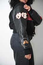 Load image into Gallery viewer, Black Cropped More Than A Social Club Leather Varsity Jacket