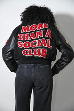 Load image into Gallery viewer, Black Cropped More Than A Social Club Leather Varsity Jacket