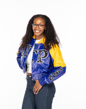 Load image into Gallery viewer, ΣΓΡ Poodle Poodle Blue & Gold Leather Jacket