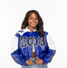 Load image into Gallery viewer, ZΦΒ Finer Woman Blue & White Leather Jacket