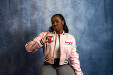 Load image into Gallery viewer, Pink Cropped Phirst and Phinest Leather Varsity Jacket
