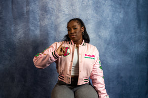 Pink Cropped Phirst and Phinest Leather Varsity Jacket