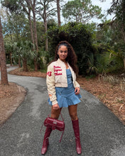 Load image into Gallery viewer, Cream Cropped More Than A Social Club Varsity Leather Jacket
