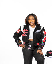 Load image into Gallery viewer, Cropped Collar Black Wool More Than A Social Club Leather Varsity Jacket
