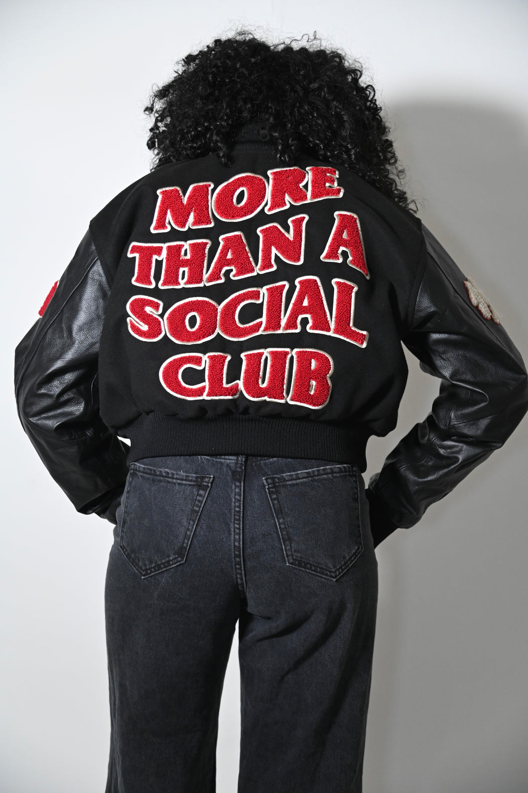 Black Cropped More Than A Social Club Varsity Leather Jacket