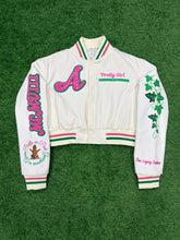 Load image into Gallery viewer, Cropped Phirst and Phinest Leather Varsity Jacket
