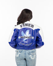 Load image into Gallery viewer, ZΦΒ Finer Woman Blue &amp; White Leather Jacket
